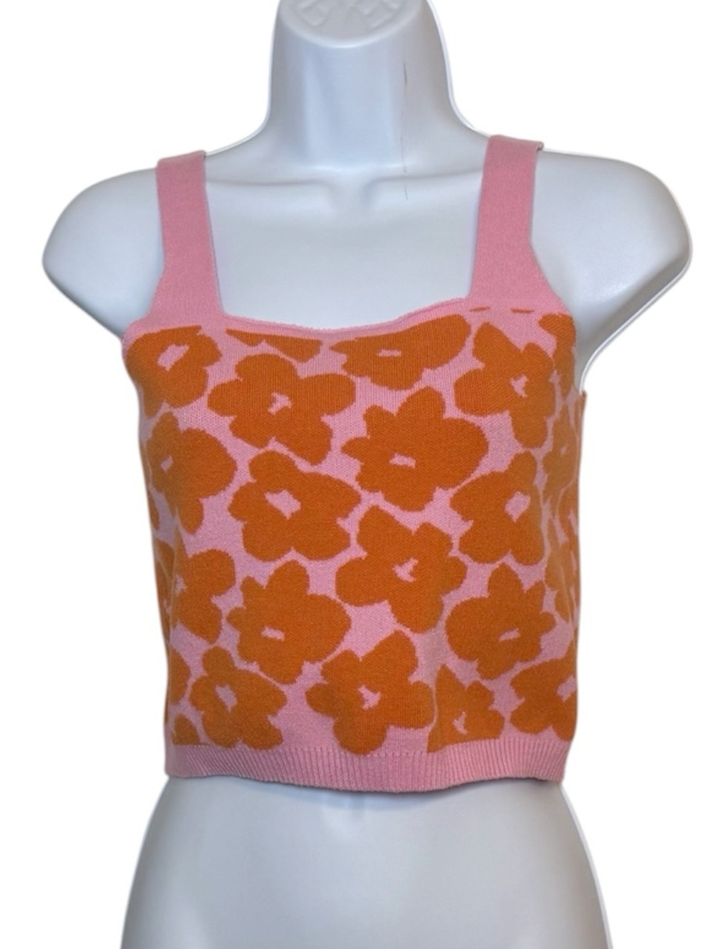 Promesa Pink Orange Floral Knit Crop Tank  Top 70’s Vibe Soft Stretch Boho